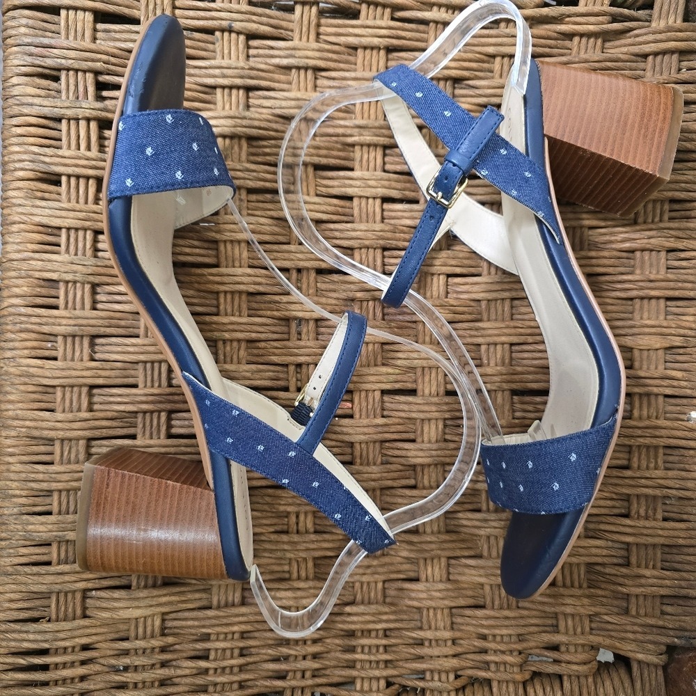 denim blue white dot 3" stacked heel Cole Haan womens Sandals 9 - Picture 4 of 9
